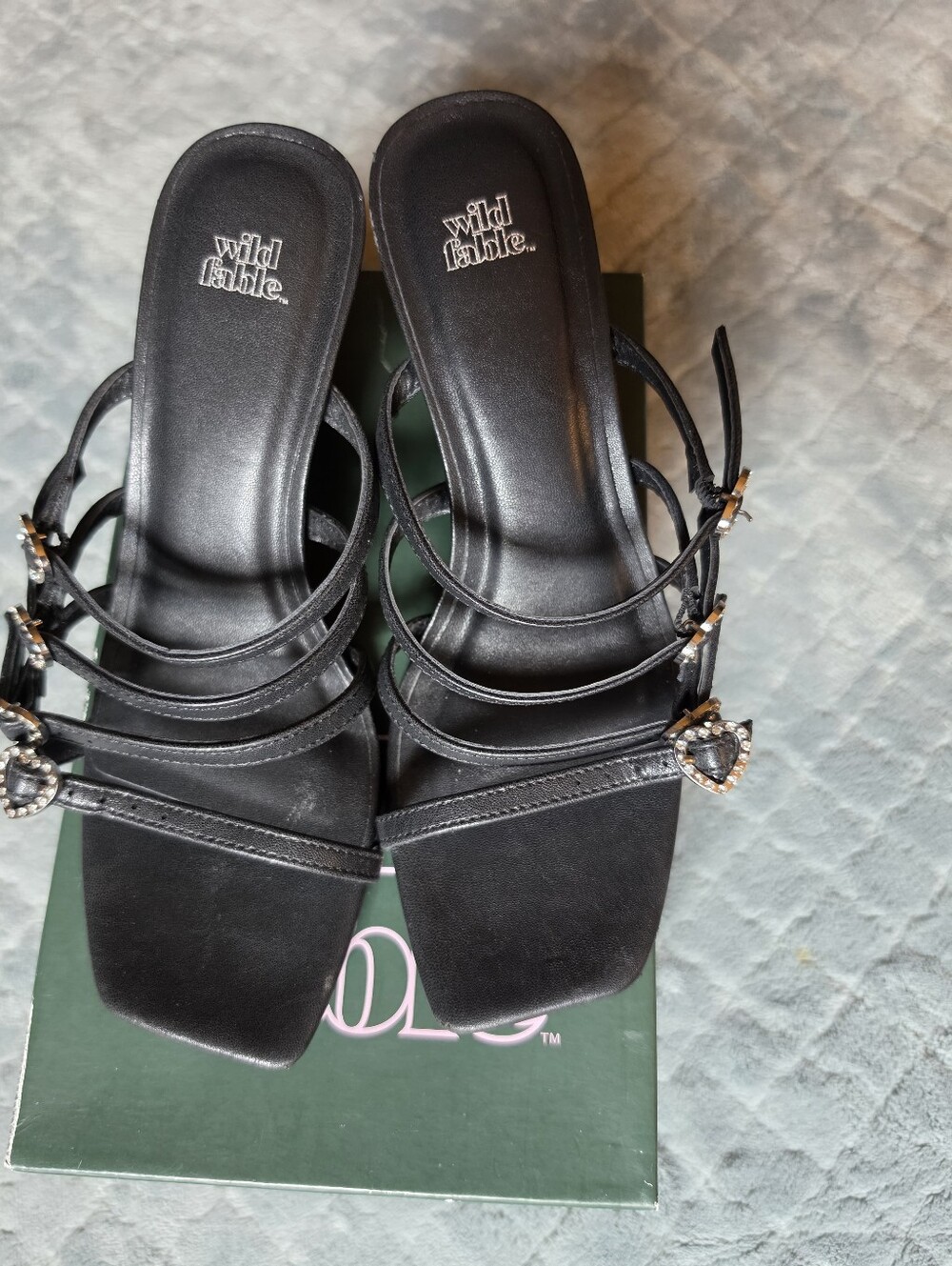 Wild Fable Rhinestone Heart Mule Black Strappy Heels Size 7